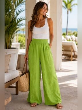 Michael Stars Simba Extra Wide Smocked Waist Pant XS Lettuce Green NWT Gauze